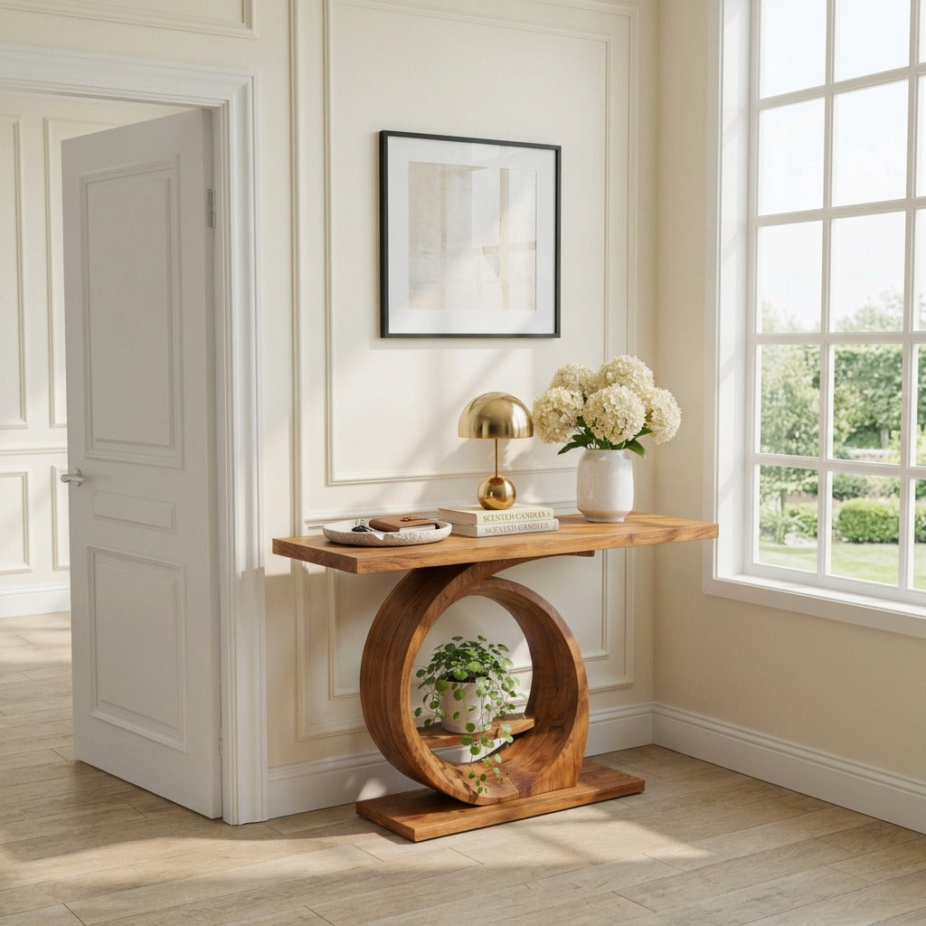 Sculptural solid wood console table in a welcoming foyer