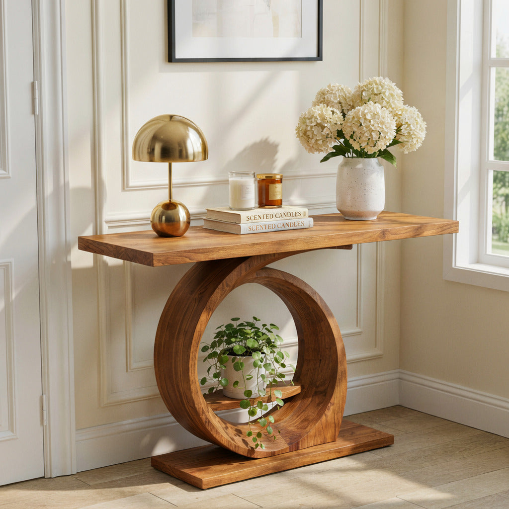 Sculptural wooden console table crafted from solid wood