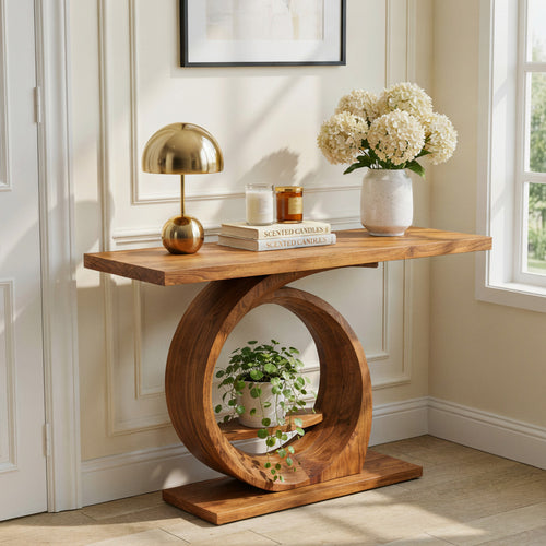 Hand-Carved Solid Wood Ring Console Table - Modern Sculptural Entryway & Hallway Table