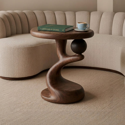 Hand-Carved Solid Wood Sphere End Table