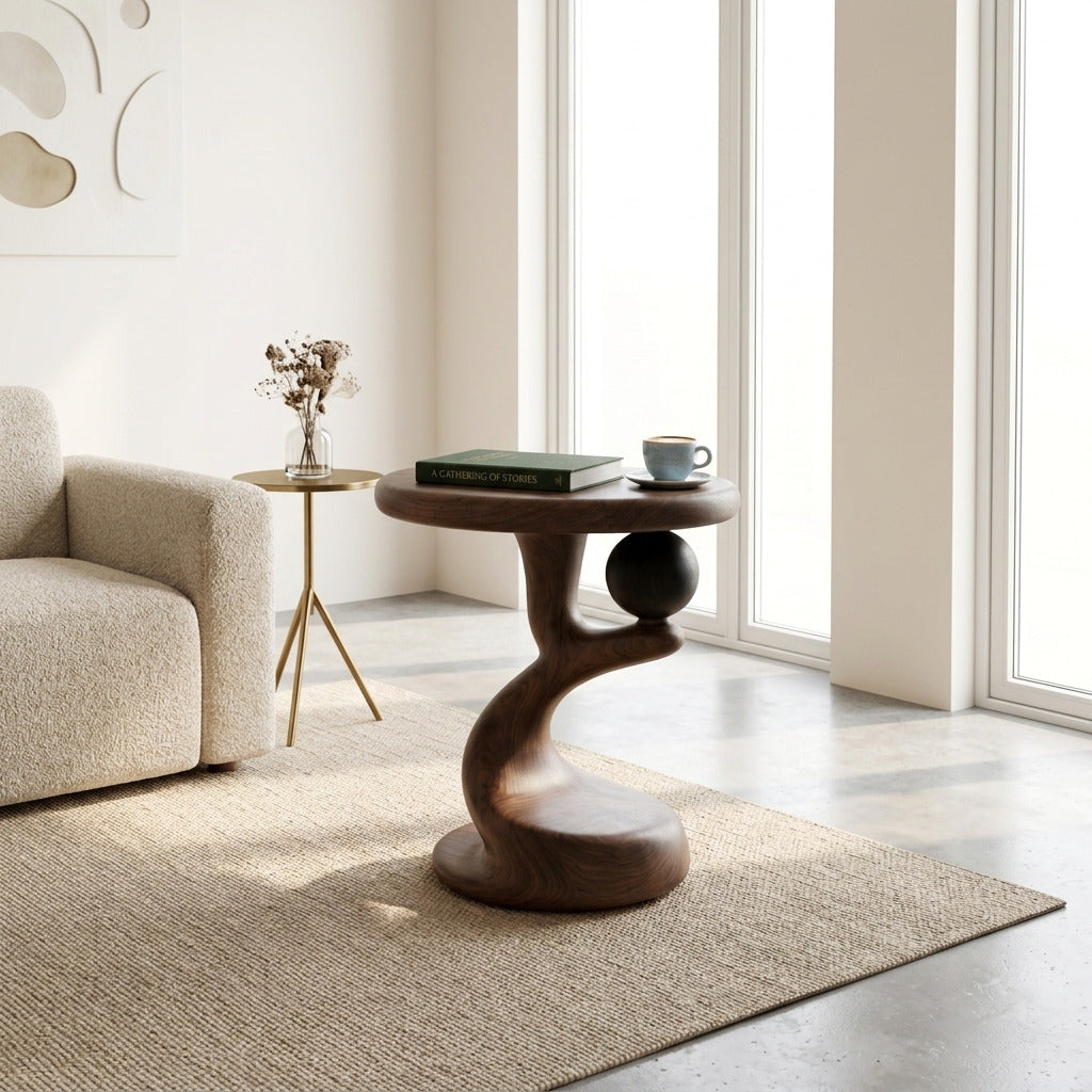 Hand-carved solid wood sphere end table in a modern living room