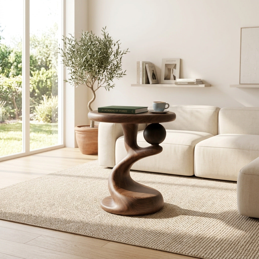 Handcrafted solid wood accent table in a warm living space