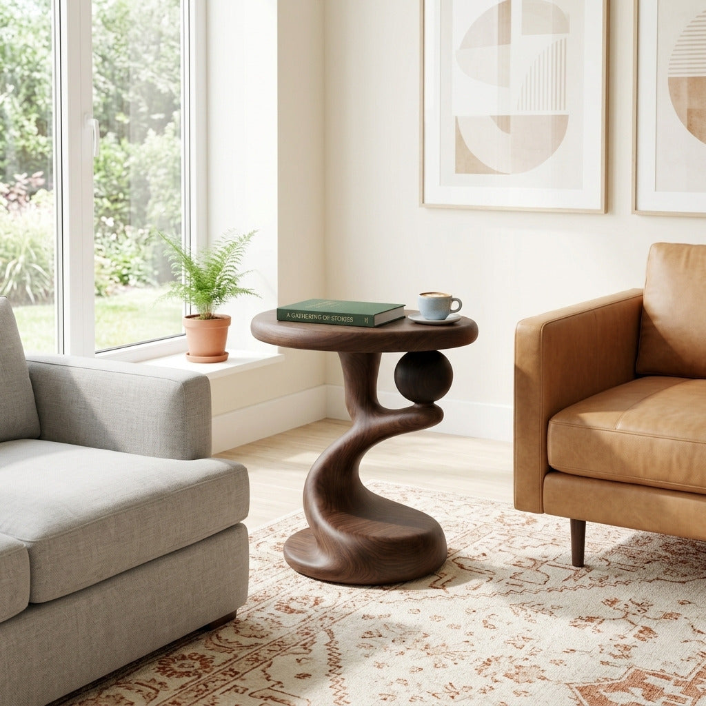 Sculptural solid wood end table beside a cozy sofa