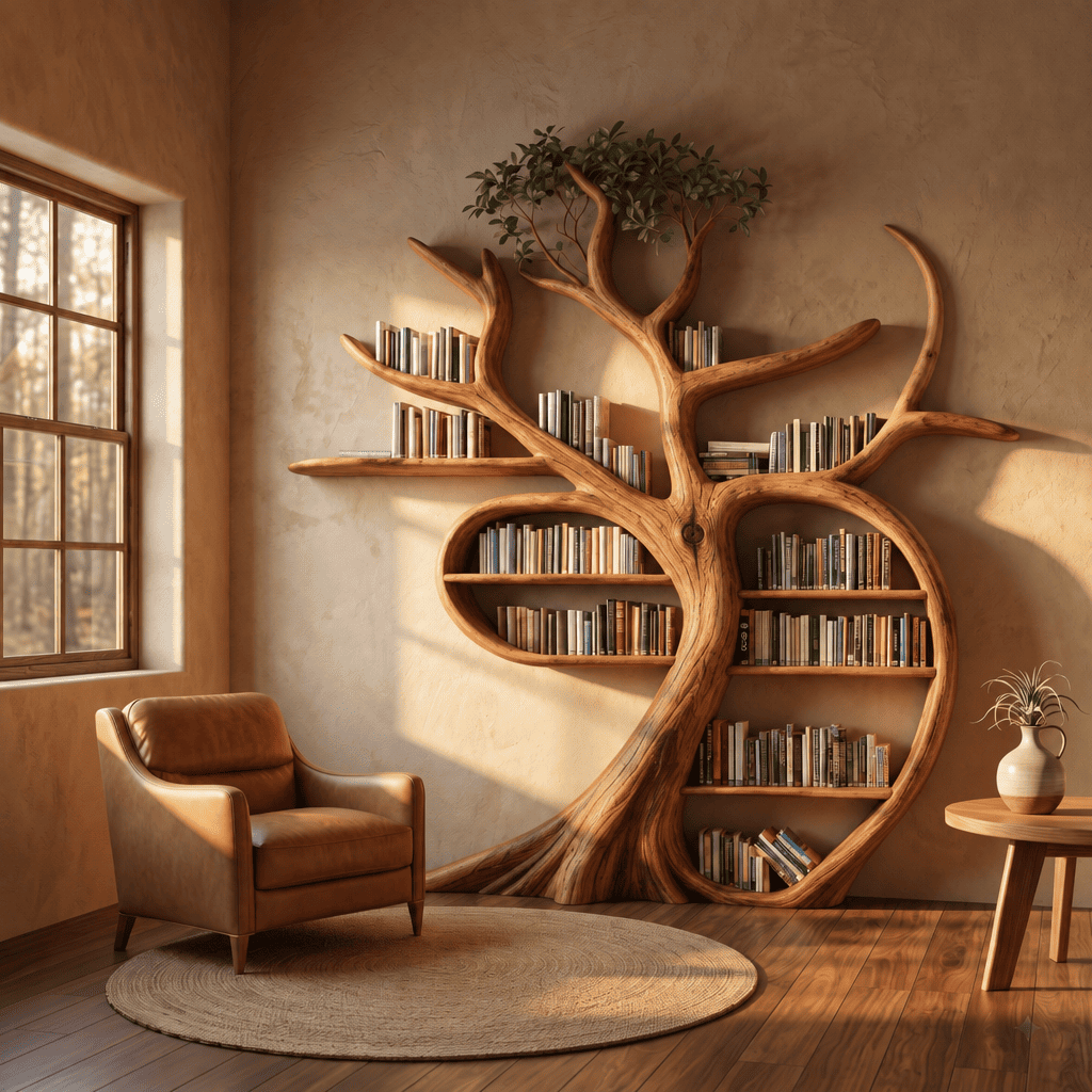 Hand-carved tree bookshelf and wall library display in solid wood