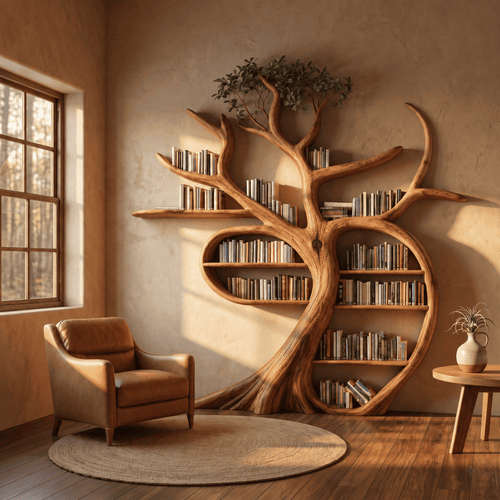 Hand-Carved Solid Wood Tree Bookshelf - Sculptural Wall Library & Display