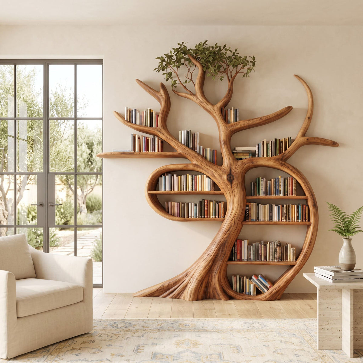Hand-carved solid wood tree bookshelf styled with books in an elegant living room