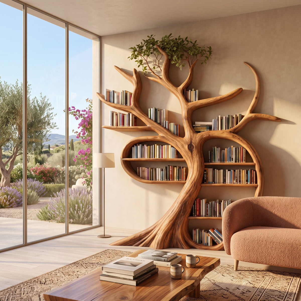 Sculptural natural wood tree wall library for an open-concept study nook