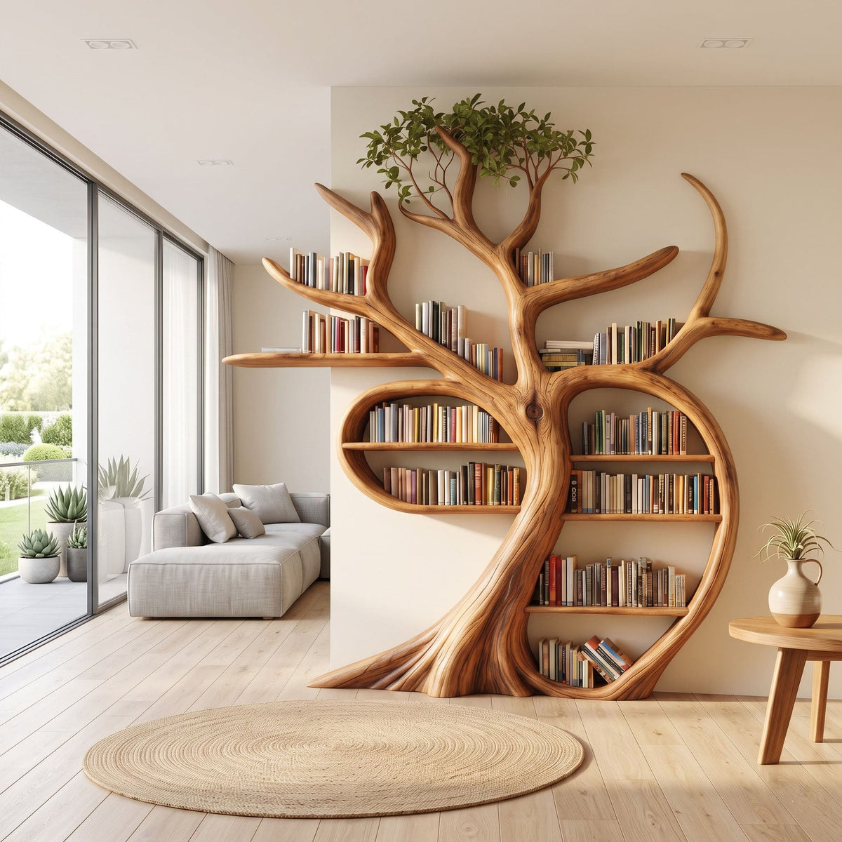 Artisanal solid timber tree bookcase elevating a cozy reading room accent wall