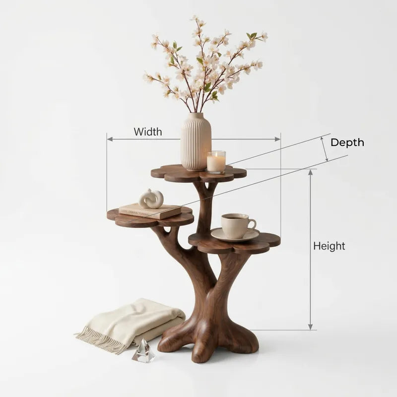 Hand-Carved 3-Tier Flower Petal End Table | Tree Trunk Base