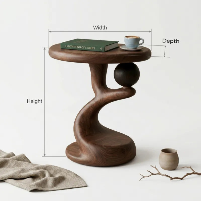Hand-Carved Solid Wood Sphere End Table