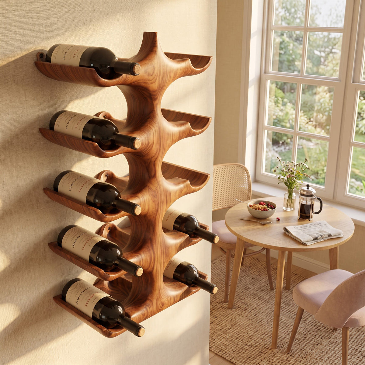 Hand-carved solid wood wall mounted wine rack in a contemporary dining room