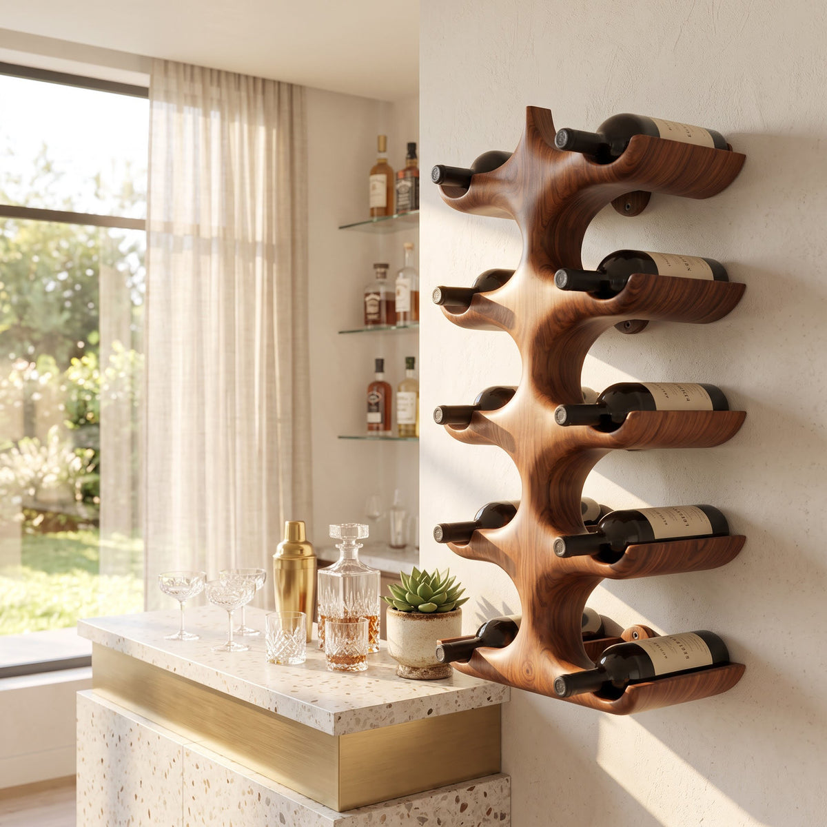 Hand-carved solid wood bottle rack enhancing an elegant dining space