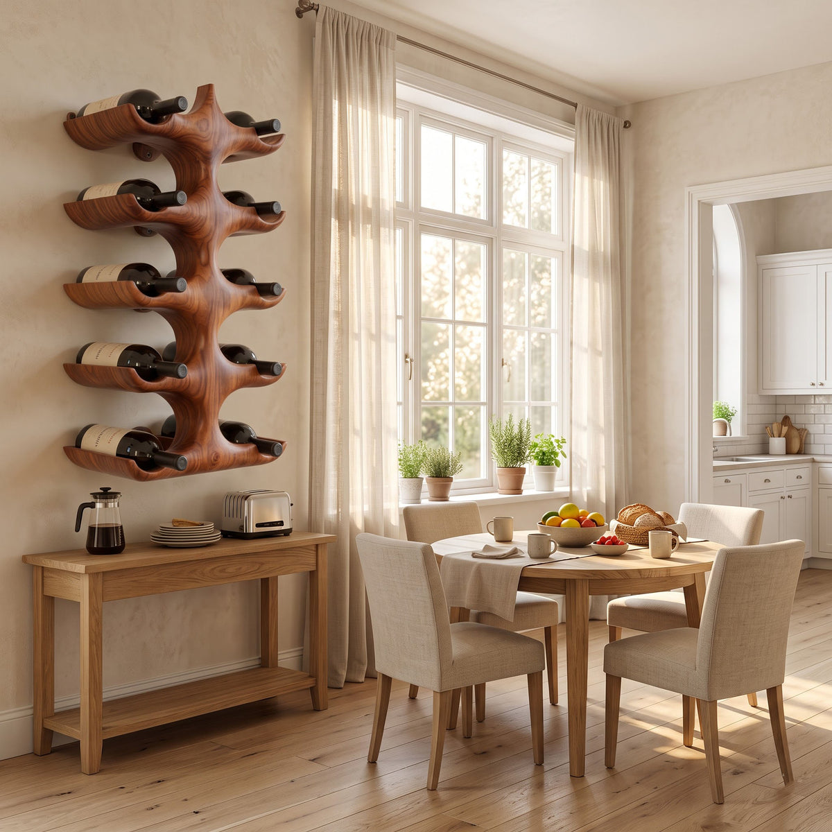 Sculptural solid wood wine rack styled as a functional wall accent in a modern dining area
