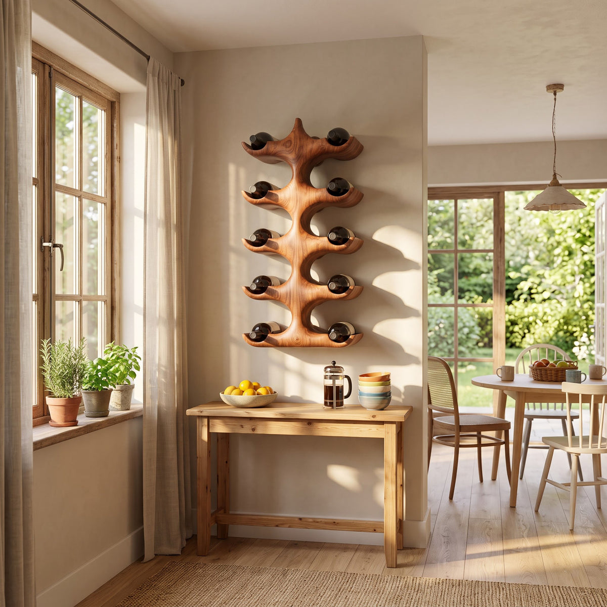 Hand-carved solid wood bottle rack enhancing an elegant dining space
