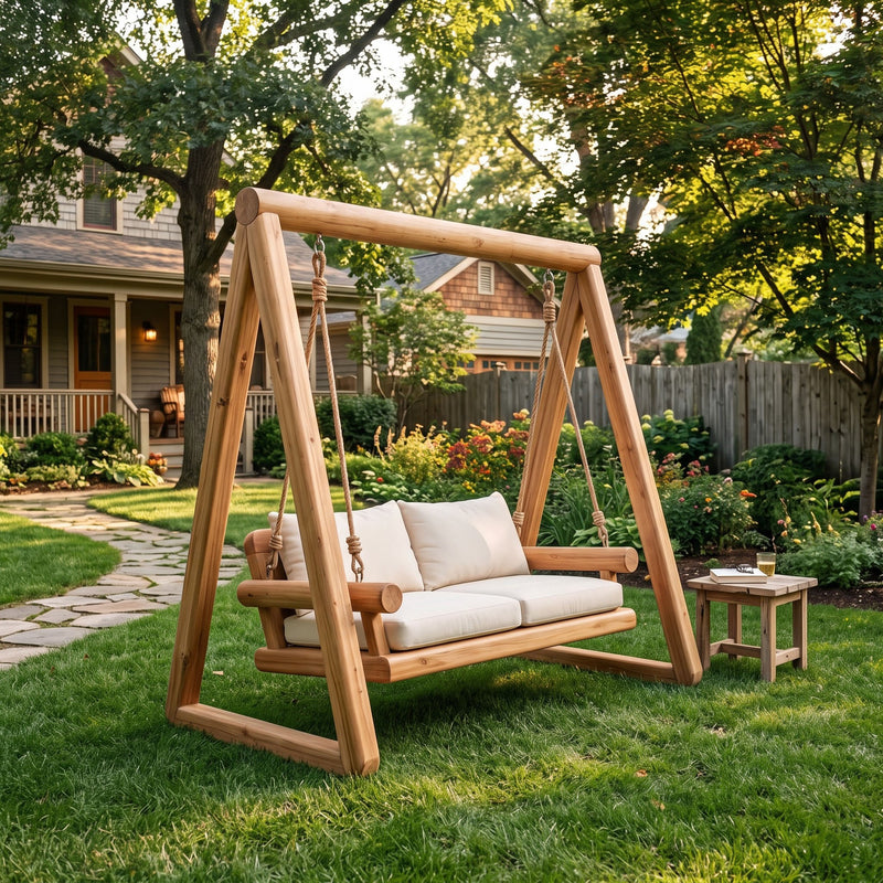 Hand sculpted cylindrical log glider lawn swing crafted from solid wood
