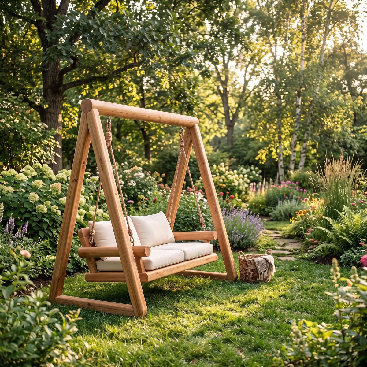 Hand sculpted solid wood log glider displayed on a green garden lawn