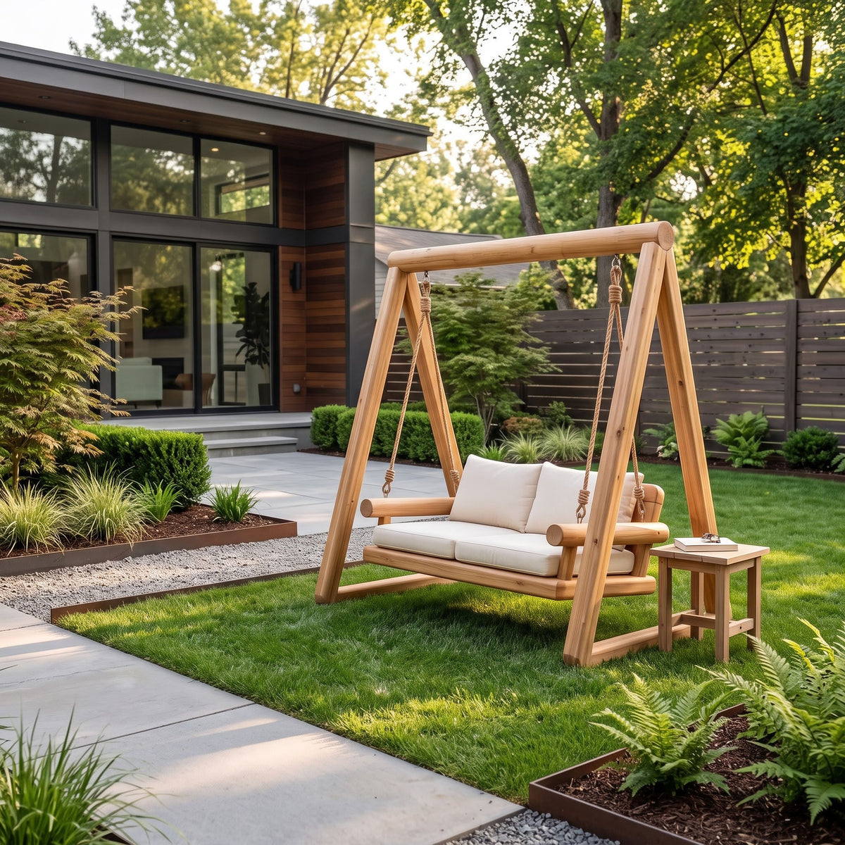 Cylindrical log garden swing styled in a peaceful backyard setting