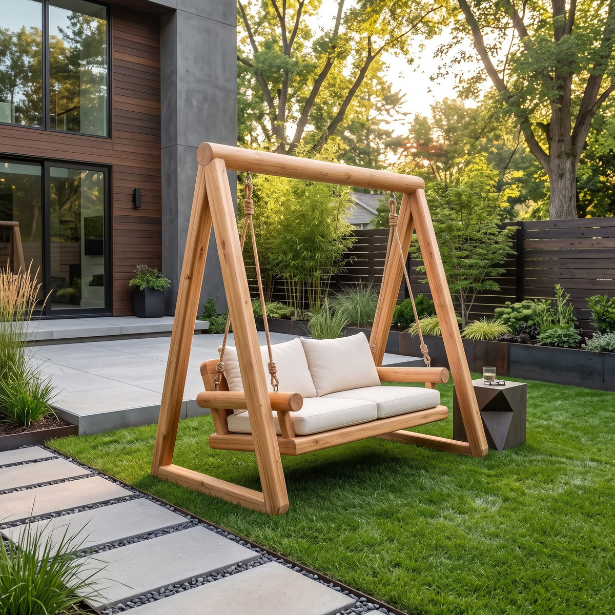 Freestanding solid wood glider bench in a landscaped outdoor garden