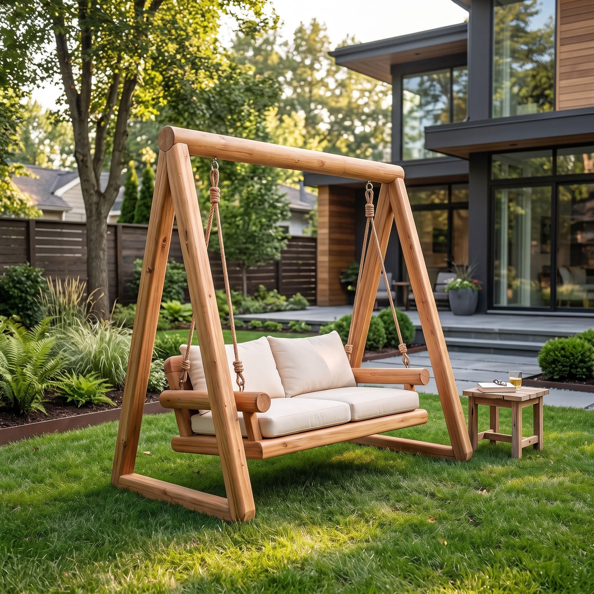 Handcrafted solid wood glider bench beside a rustic garden pathway