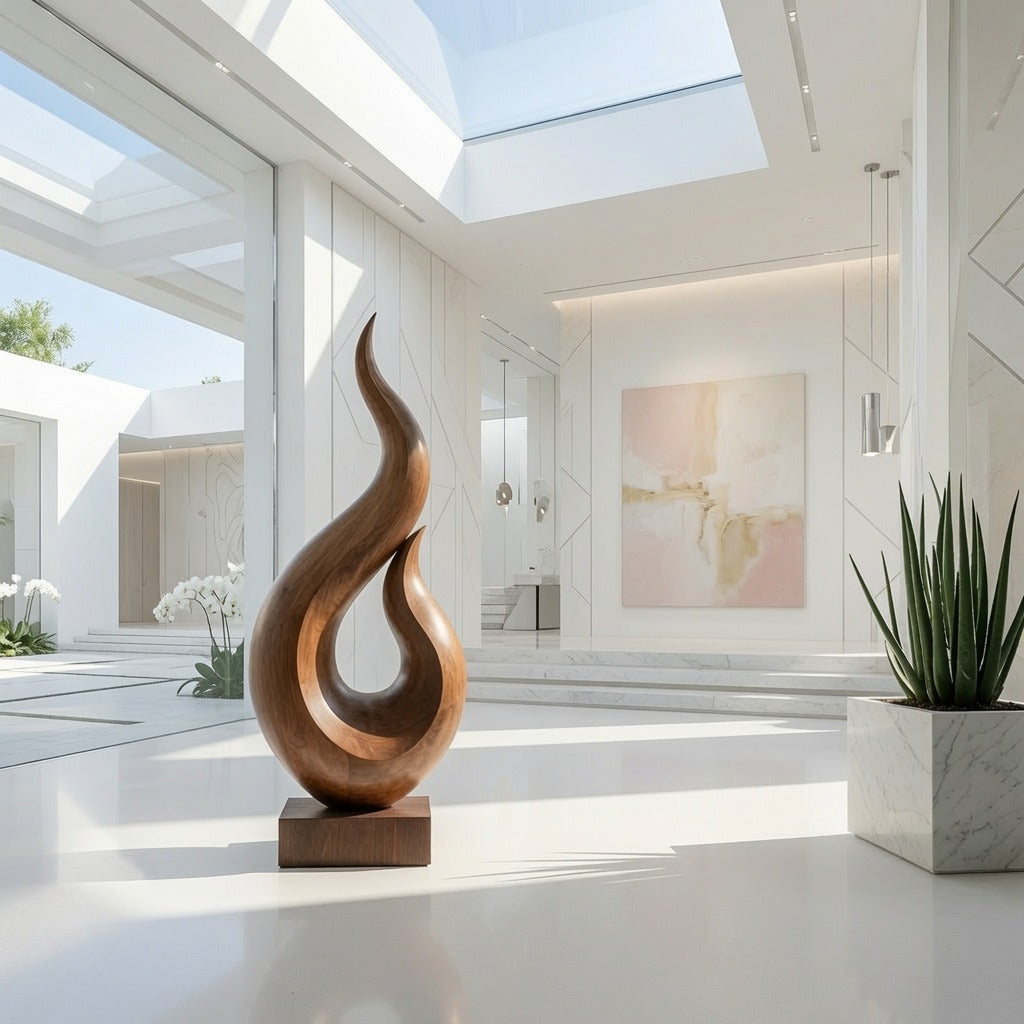 Handcrafted abstract wood statue carved from premium solid hardwood for elegant modern home décor