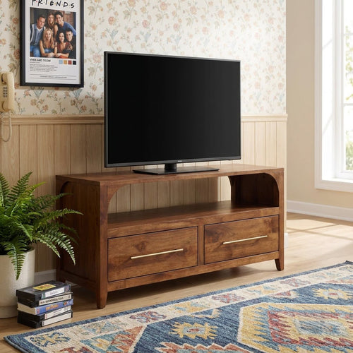 Handcrafted Arched Solid Wood TV Stand & 2-Drawer Media Entertainment Console
