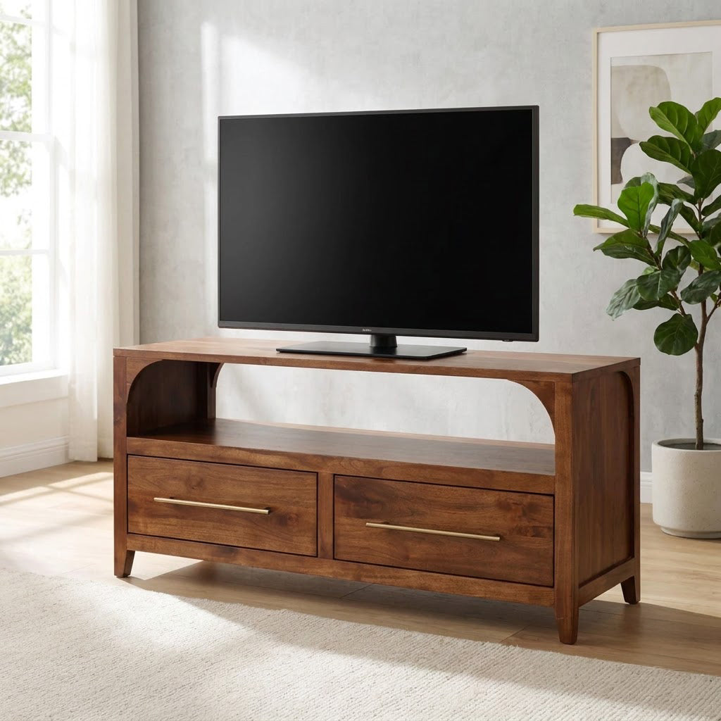 Handcrafted solid wood arched TV stand in a contemporary living room