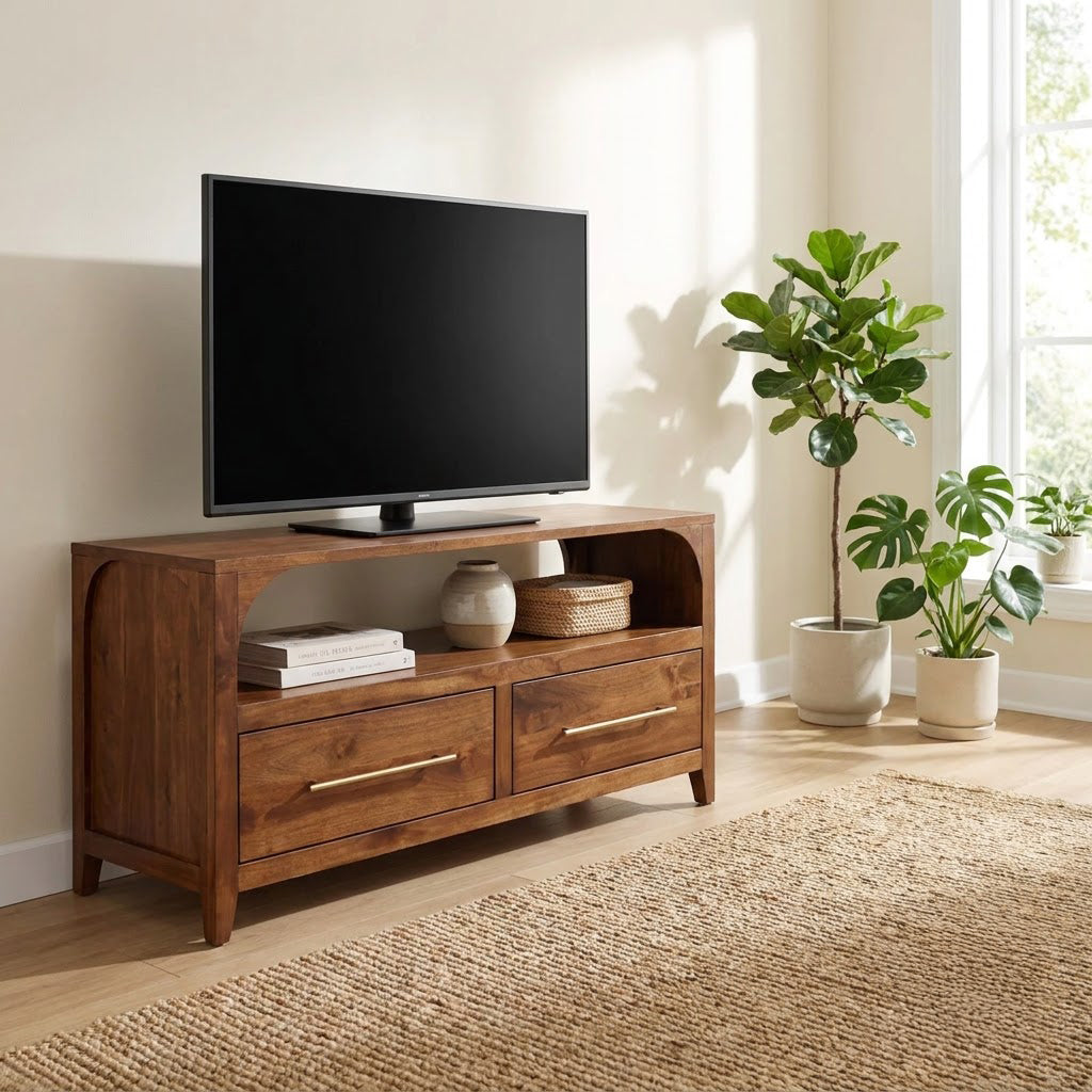 Arched solid wood TV stand displayed in a contemporary living room