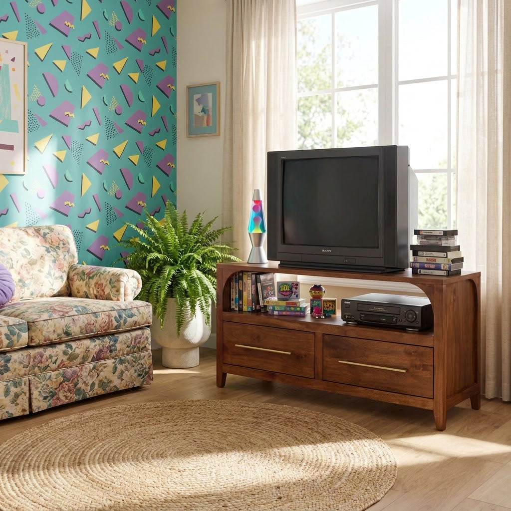 Handcrafted solid wood entertainment console enhancing a retro home interior