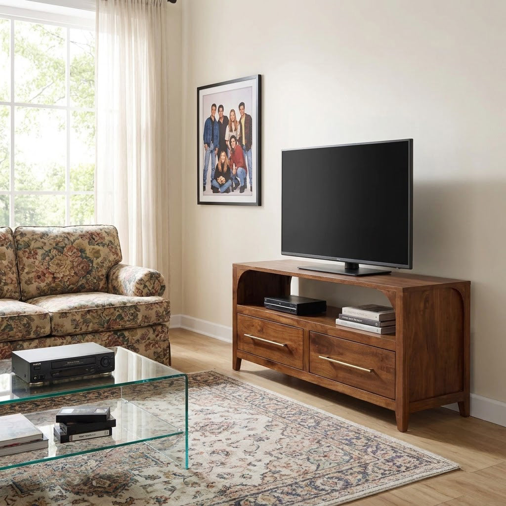 Arched solid wood TV stand displayed in a contemporary living room