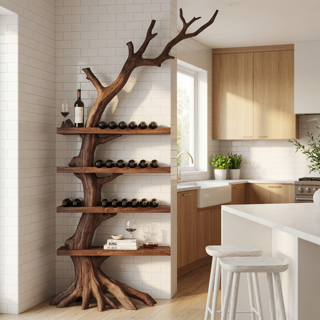 Organic modern solid wood wine rack in a contemporary dining room