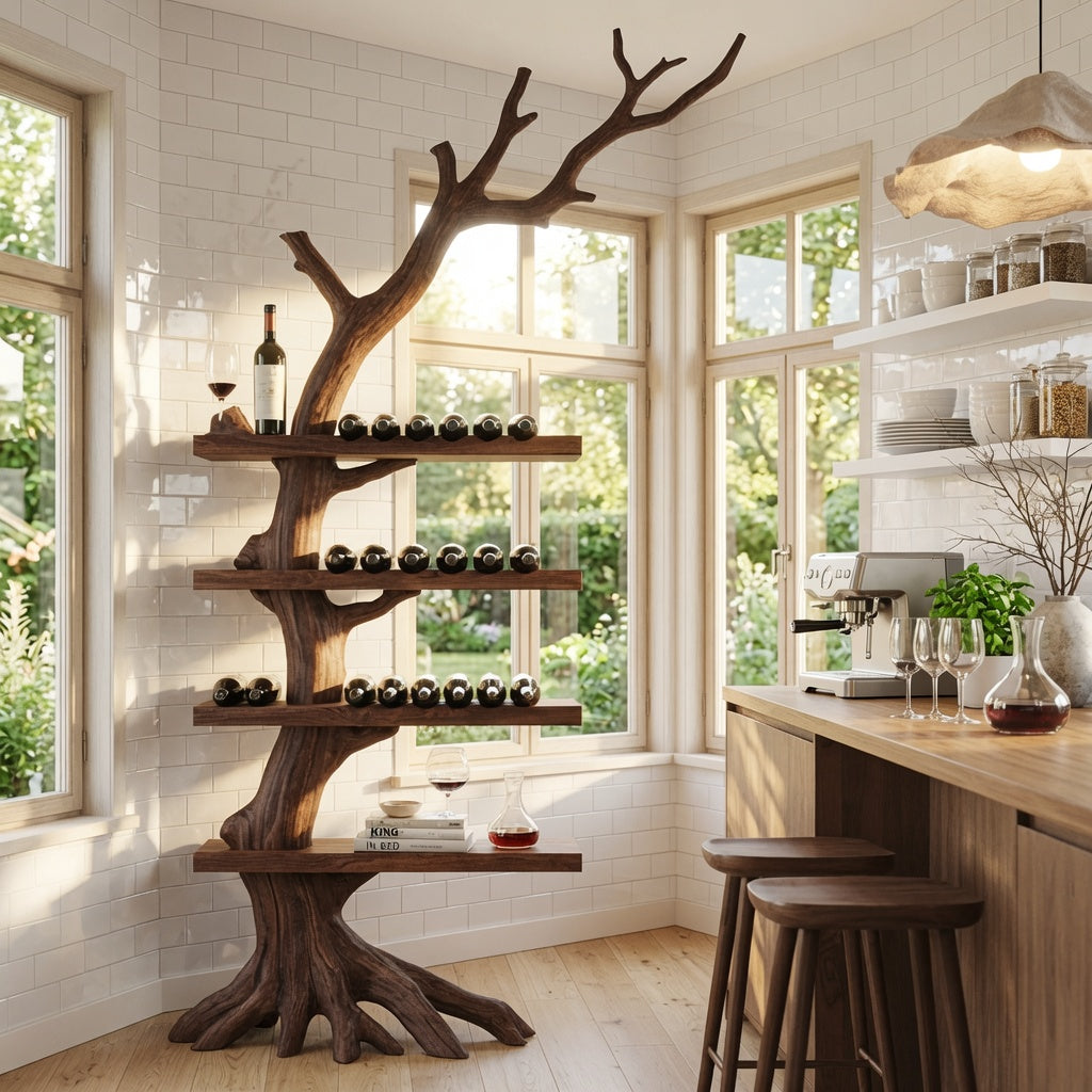 Sculptural wooden wine display in a modern kitchen
