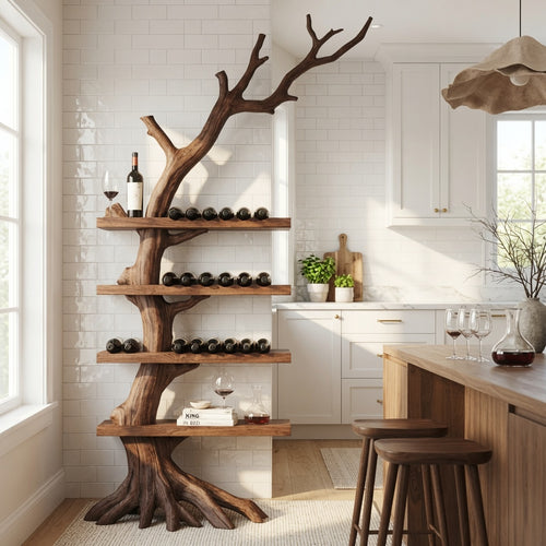 Handcrafted Branch Wine Rack with Glass Holder - Organic Modern Wine Display