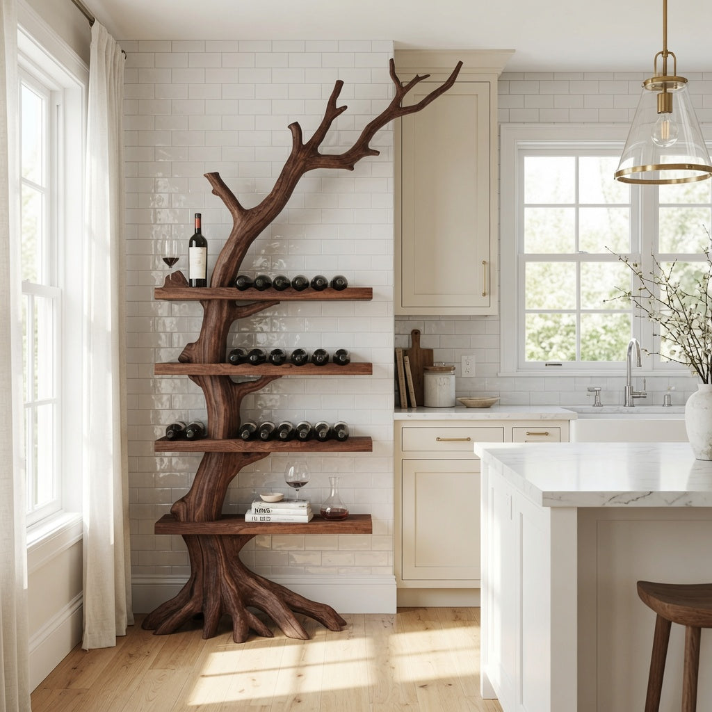 Handcrafted solid wood wine rack in a minimalist kitchen interior