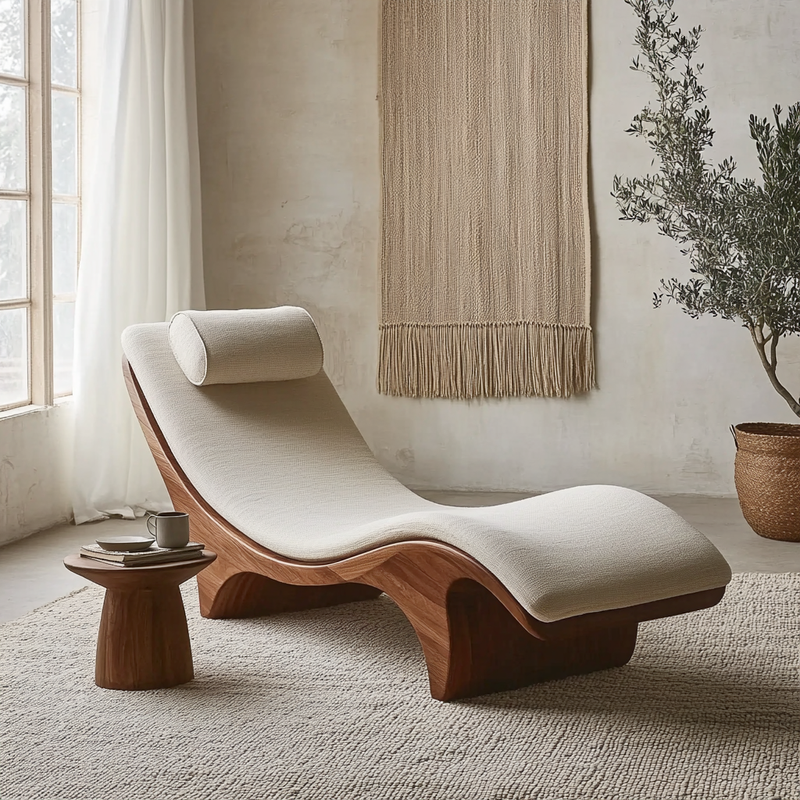 Wooden daybed with curved silhouette for cozy reading spaces
