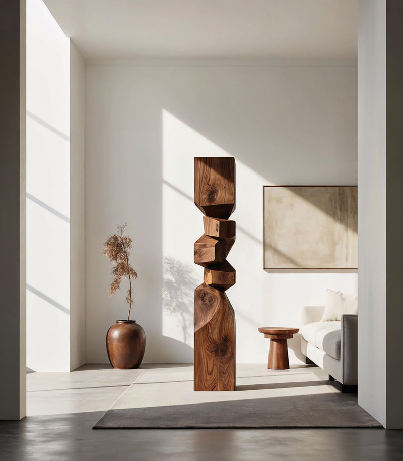Handcrafted geometric stacked sculpture in solid wood