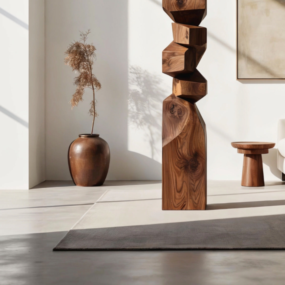 Artisan stacked wood sculpture with geometric design