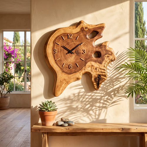 Handcrafted Live-Edge Solid Wood Burl Cross-Section Wall Clock with Natural Voids & Silent Quartz Movement