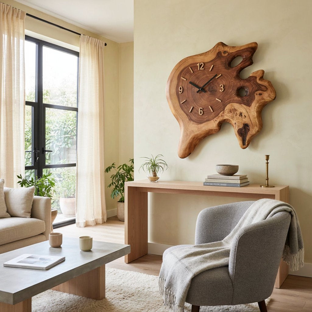 Handcrafted live-edge solid wood burl cross-section wall clock in a contemporary living room