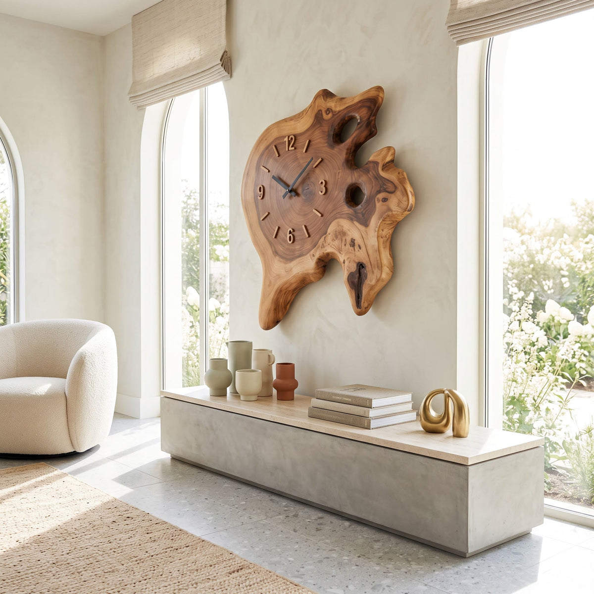 Natural solid wood wall clock with organic voids styled in a modern interior