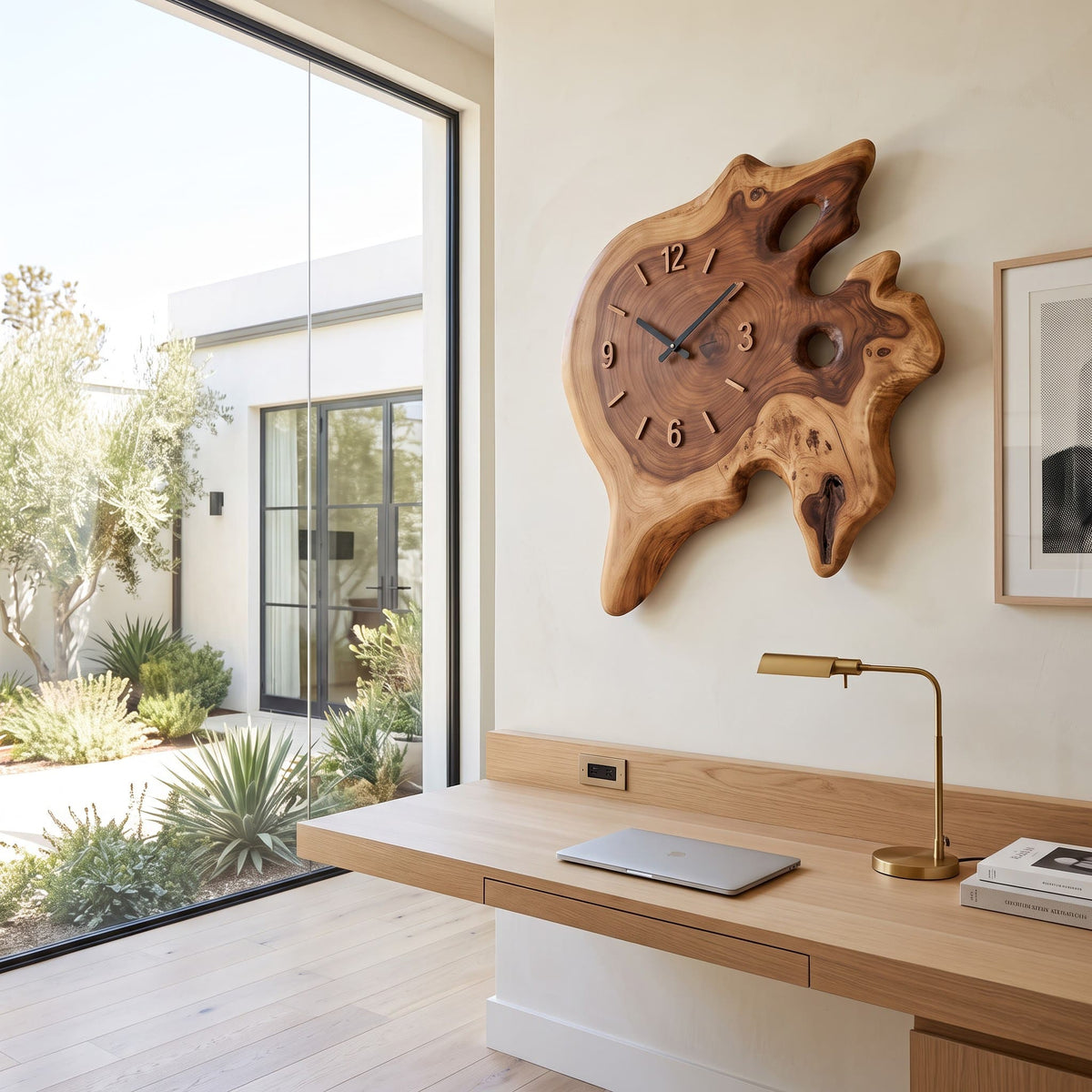 Organic solid wood cross-section wall clock enhancing a contemporary home interior