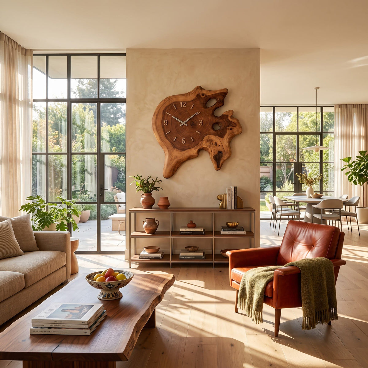 Handcrafted solid wood burl wall clock showcasing natural voids in an elegant living room