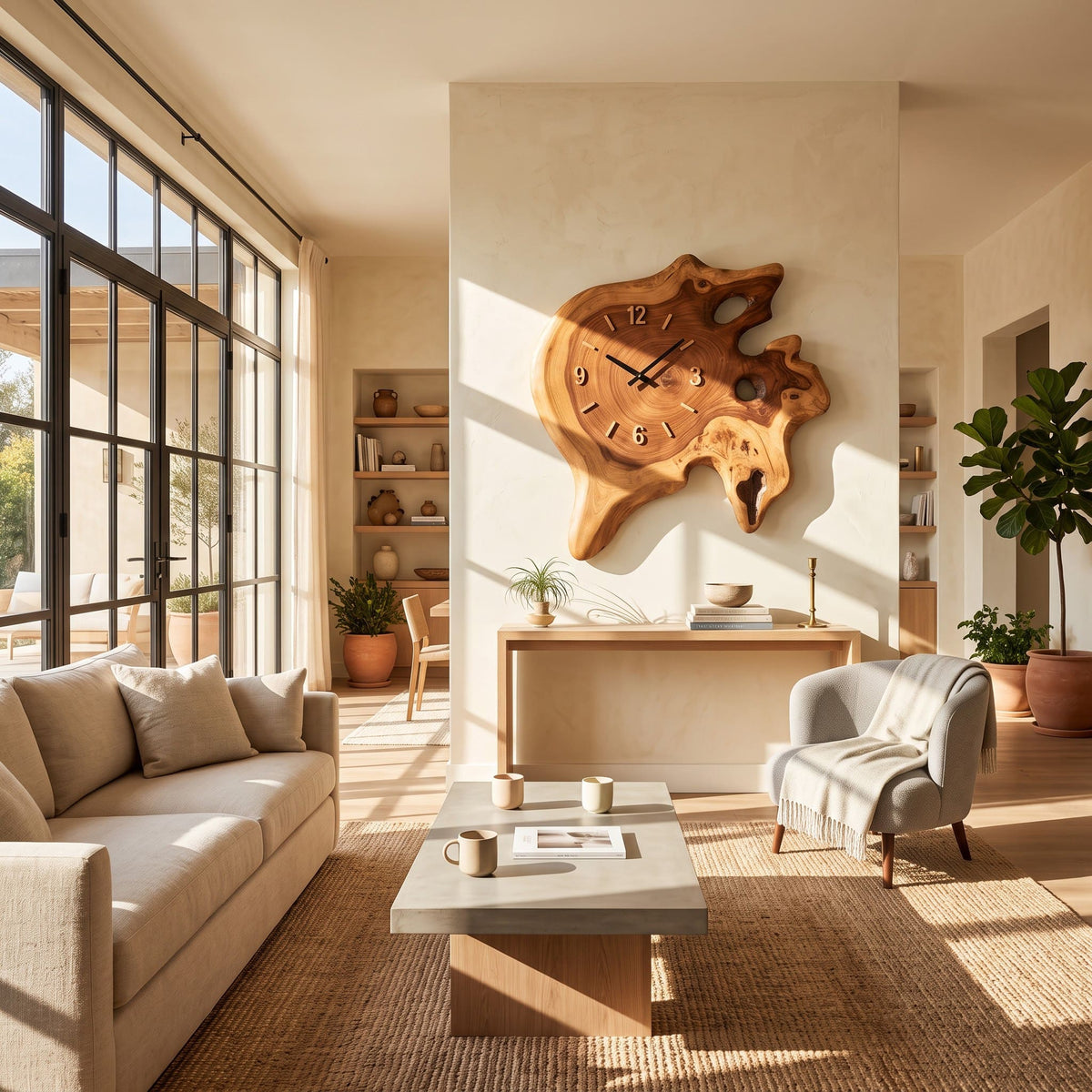 Live-edge solid wood burl clock with silent quartz movement displayed in a minimalist space