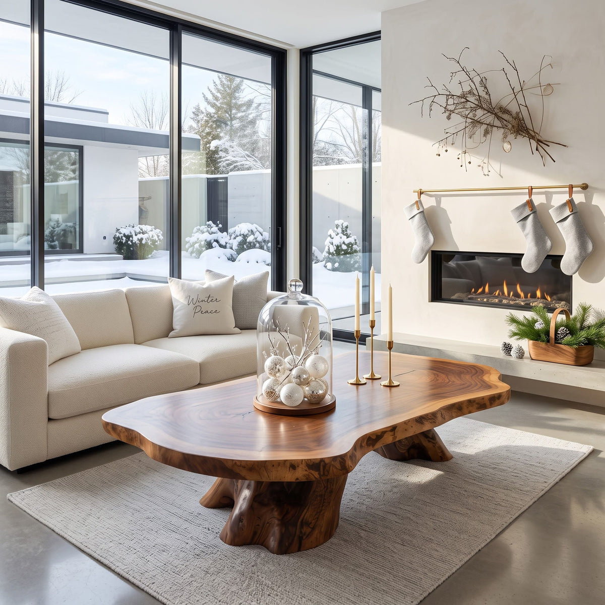 Handcrafted live-edge solid wood Christmas coffee table in a festive living room
