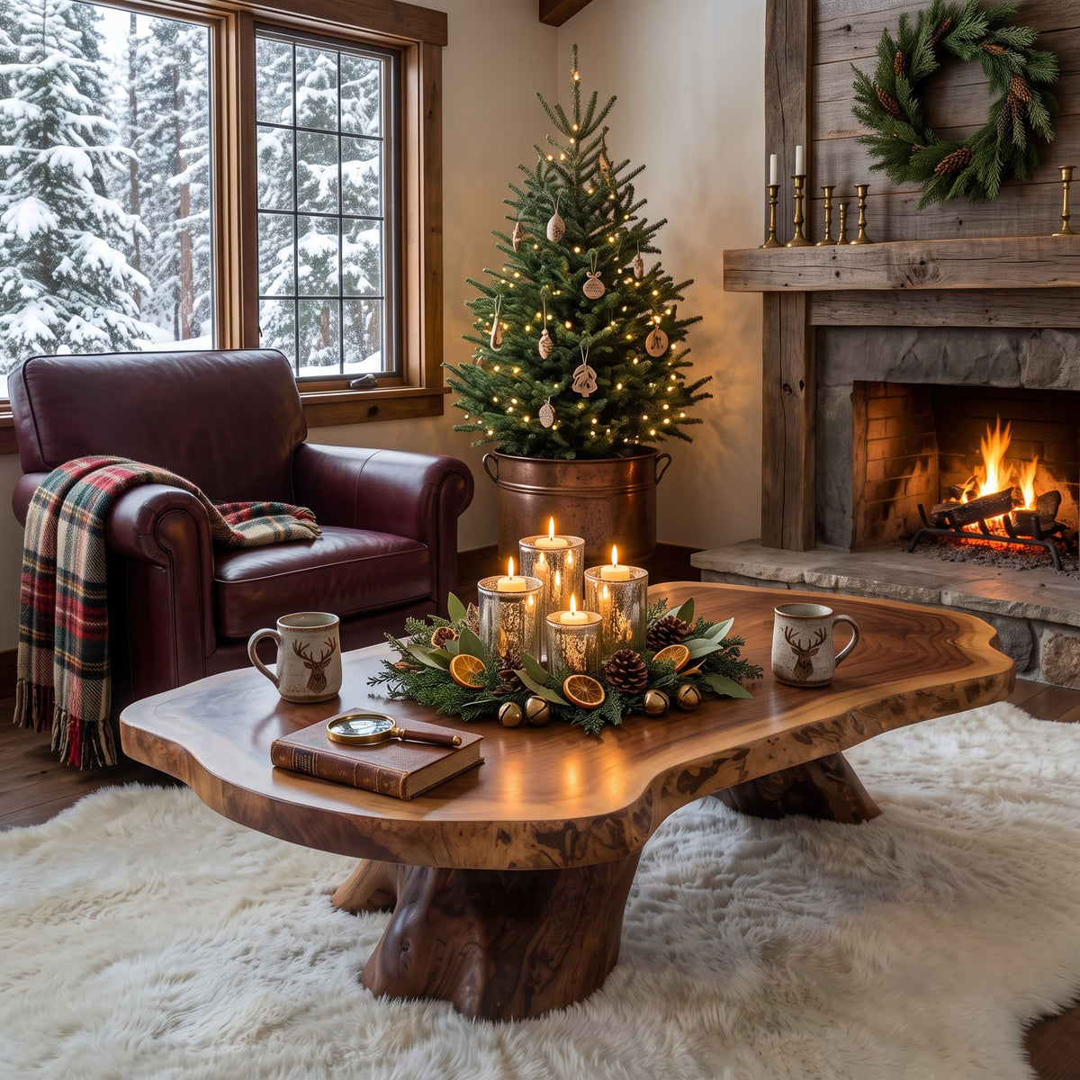 Natural slab top solid wood coffee table styled with holiday décor in a cozy living space