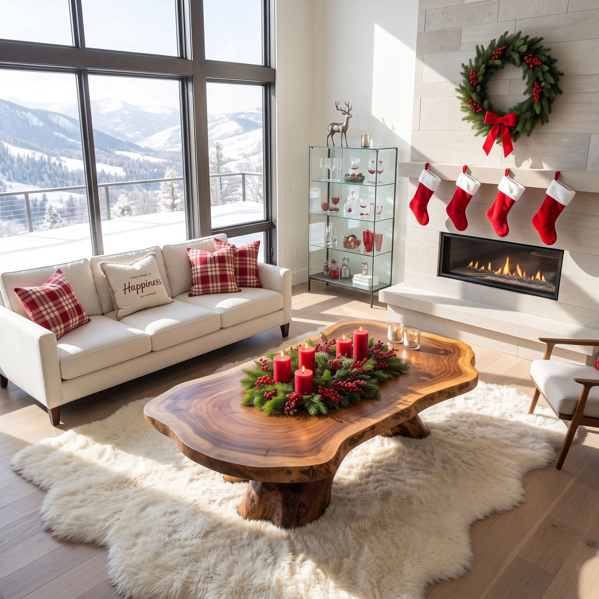Rustic solid wood tree-trunk pedestal table enhancing a contemporary Christmas interior