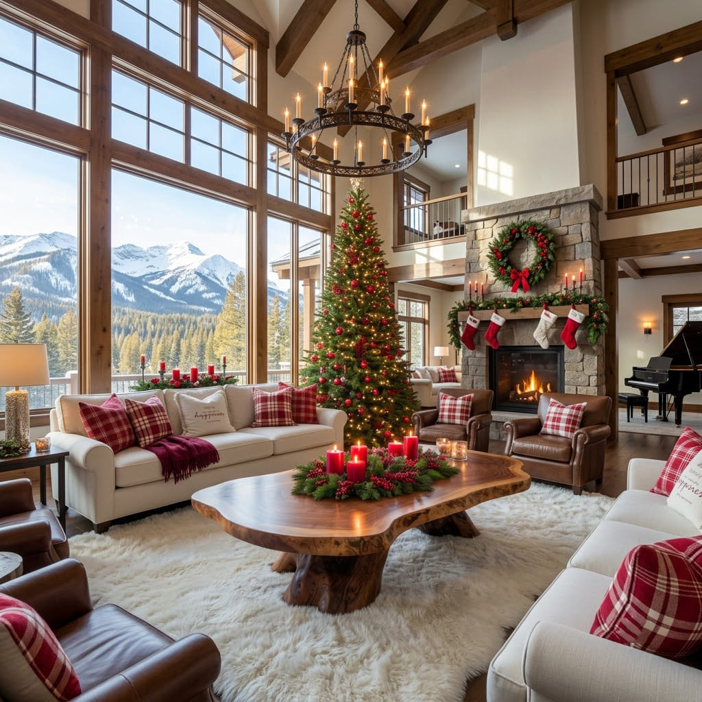 Handcrafted solid wood live-edge coffee table showcased as a festive living room centerpiece