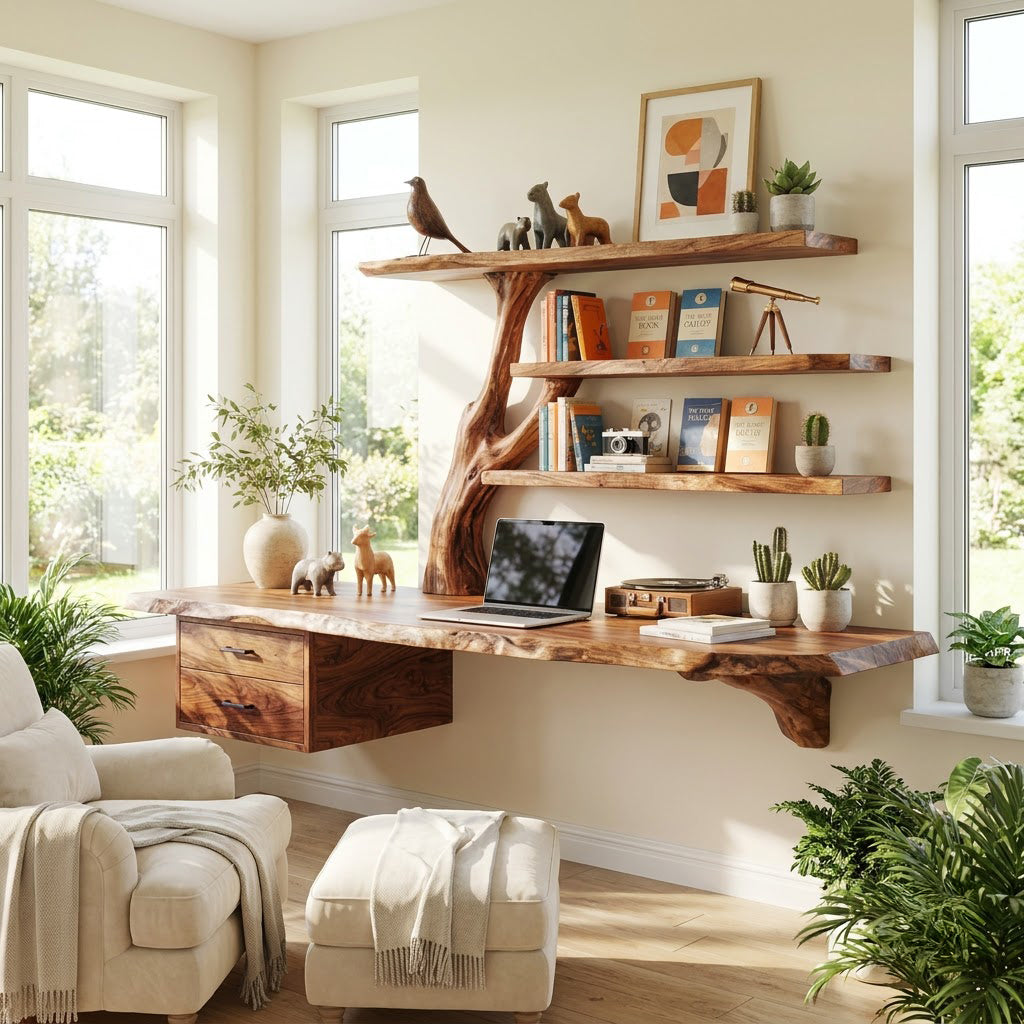 Handcrafted live-edge floating desk in solid wood