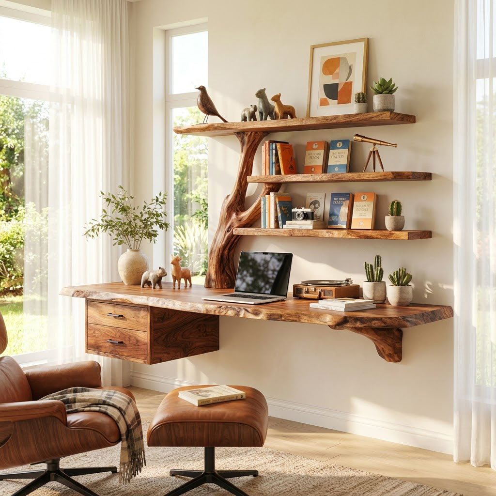 Handcrafted live-edge solid wood floating desk with tree branch wall bookshelf in a modern home office