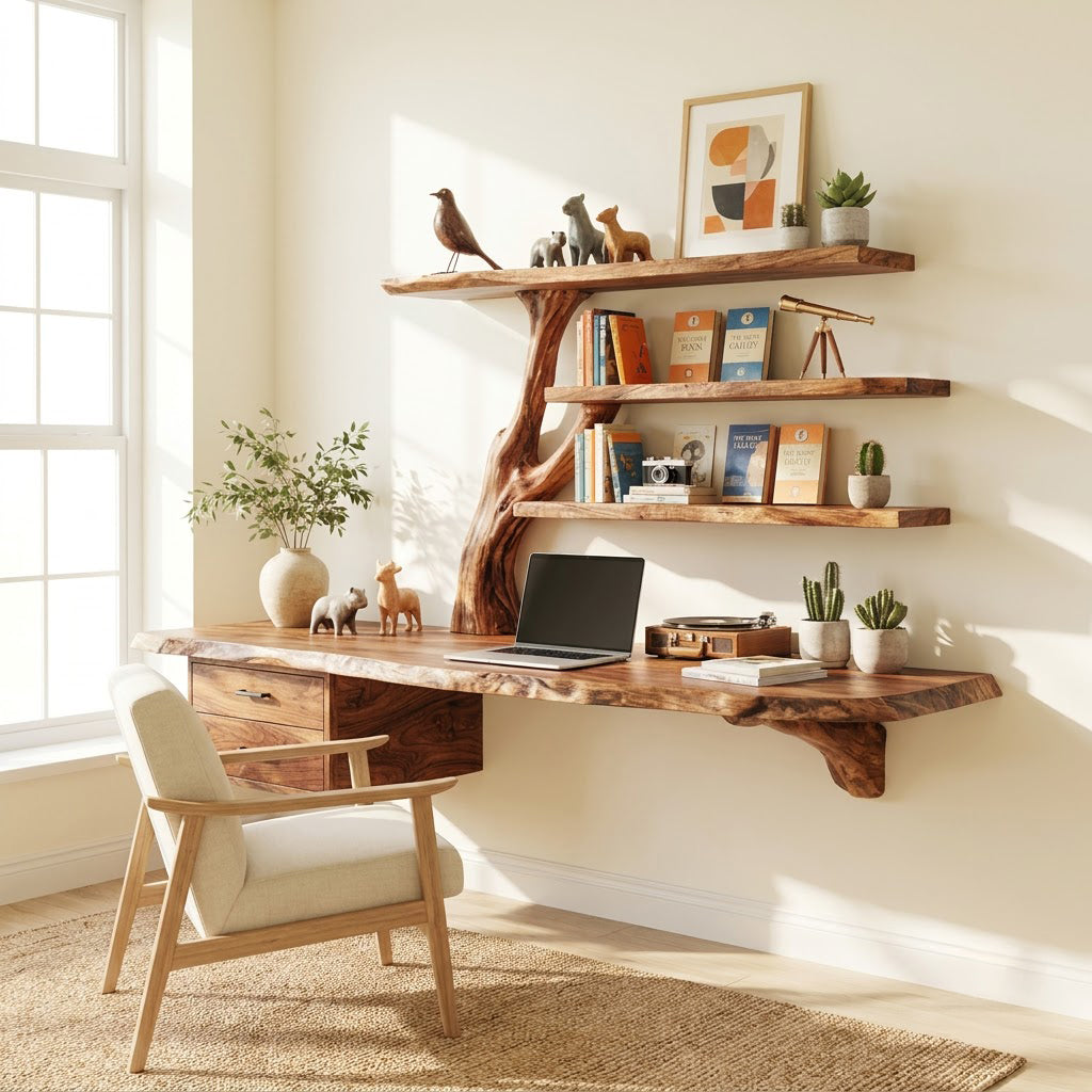 Organic live-edge solid wood desk and wall bookshelf combo in a minimalist study