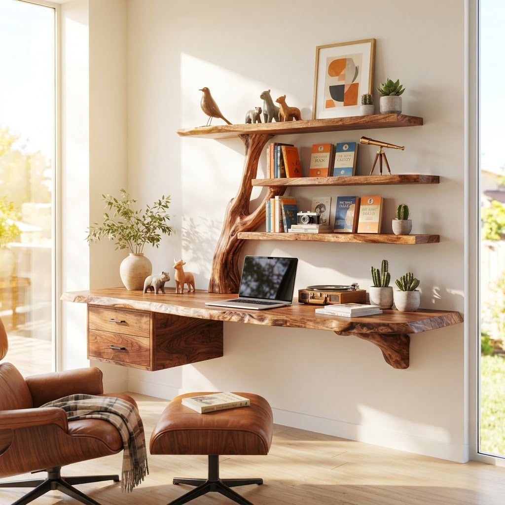Artistic solid wood tree branch bookshelf with floating workspace enhancing a modern office interior